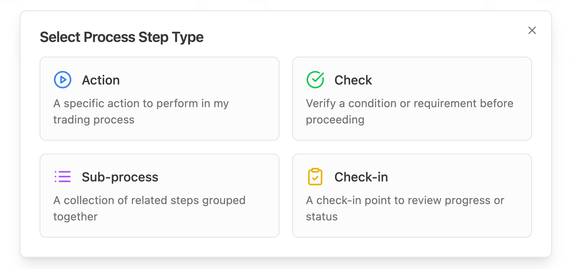 The process step editor with the step type selector open