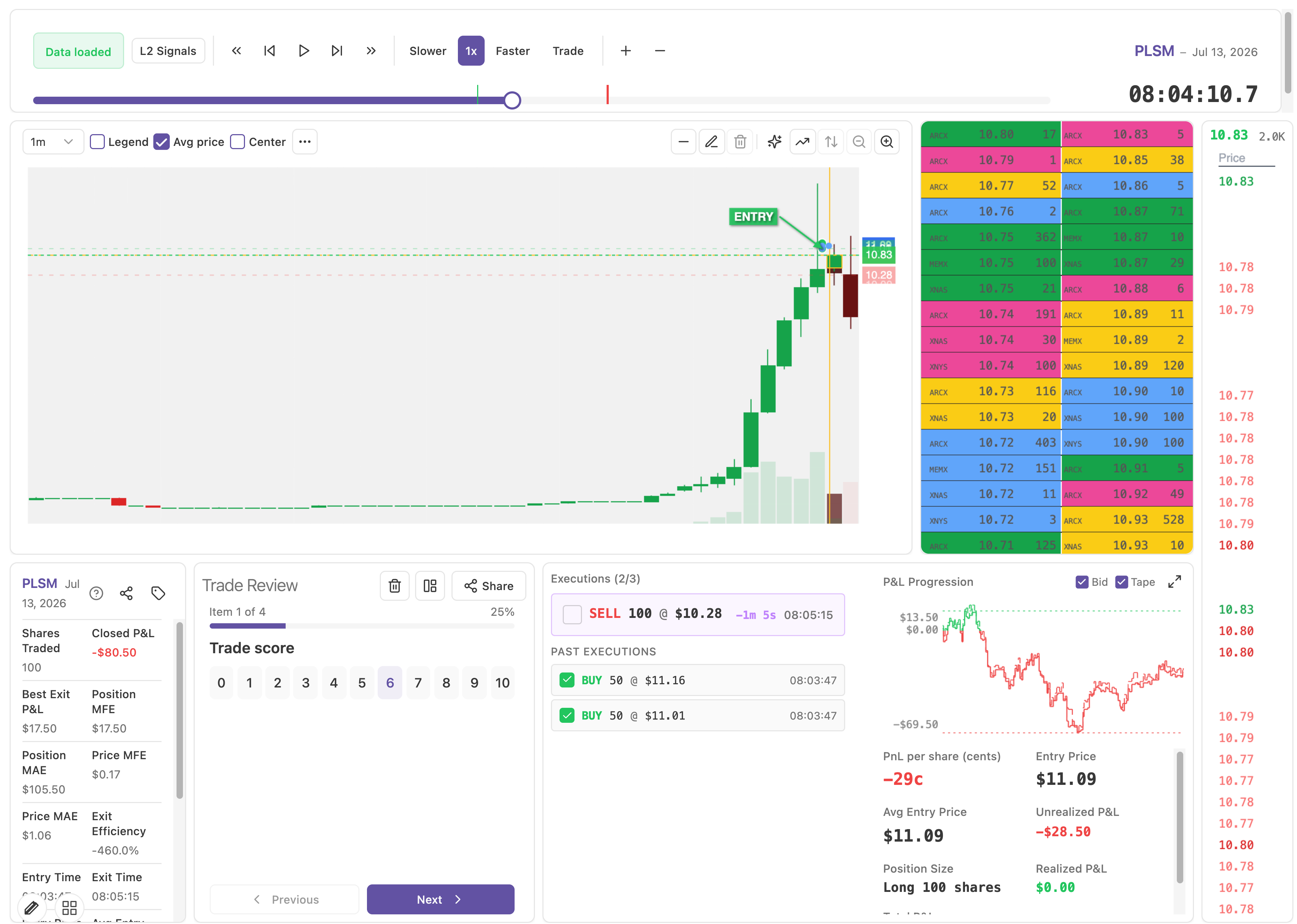 Trade replay with the chart, jog controls, and position monitor